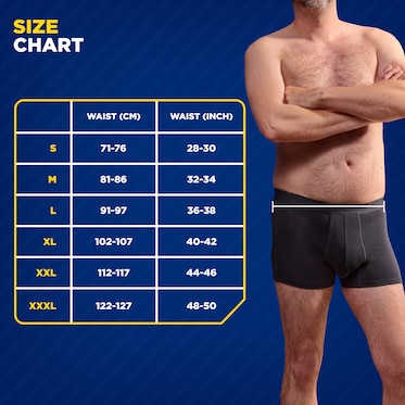 A TENA Men mosható alsónemű mérettáblázata. Mosható alsóneműt viselő férfi a mérettáblázat mellett áll; a derekán egy vonal jelzi a mérési pontot.