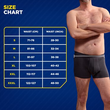 Size chart for TENA Men washable underwear. A man wearing the washable underwear standing next to the size guide and there is a line drawn on the man's waist showing where to measure.