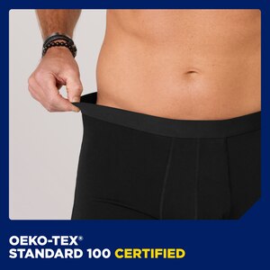 Close up of half of the lower body of a man seen from front wearing the TENA Men washable underwear. The caption at the bottom says "Oeko-Tex® Standard 100 Certified".