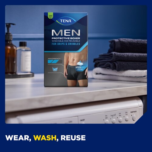 The pack of TENA Men washable underwear standing on the counter above a washing machine. The caption at the bottom says "wear, wash, reuse".