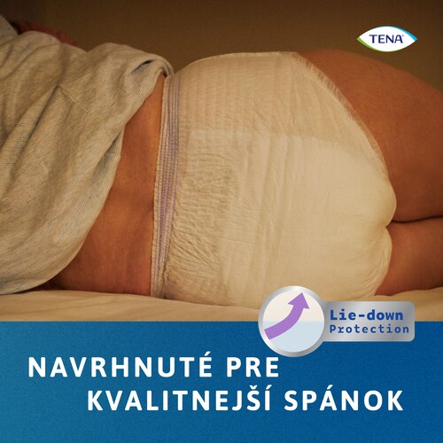 Nohavičky TENA Pants Night – ochrana v ľahu s vyššou absorpciou v zadnej časti pre lepší spánok v noci.