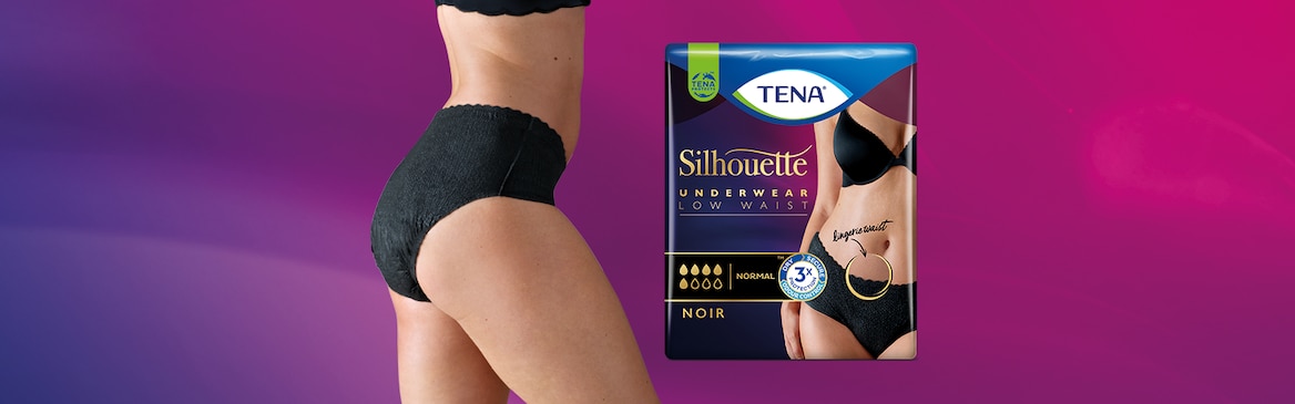 Tutustu TENA Silhouette Normal Low Waist Noir -suojaaviin alushousuihin