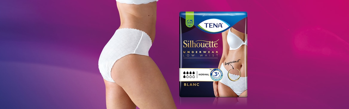 Tutustu TENA Silhouette Normal Low Waist Blanc -suojaaviin alushousuihin