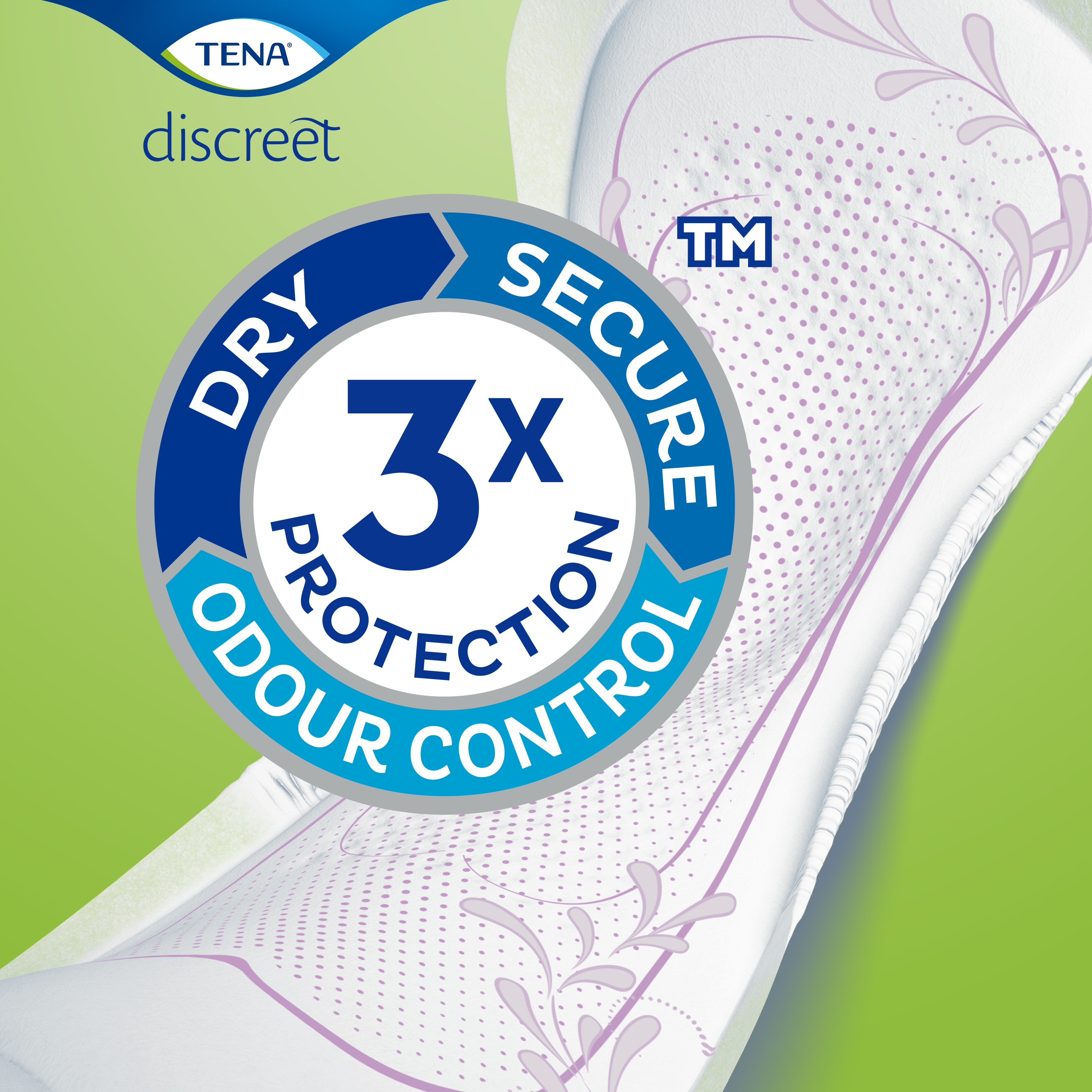 TENA Discreet pads with Triple Protection against urine leaks, odour and moisture