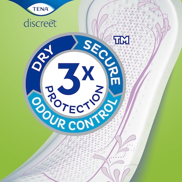 Las compresas TENA Discreet ofrecen triple protección frente a las pérdidas de orina, el olor y la humedad