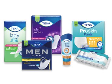 Řada absorpčních pomůcek a výrobků pro péči o pokožku TENA.