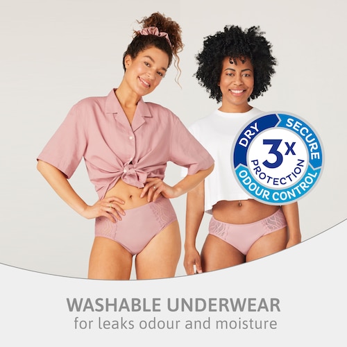 Washable absorbent underwear with Triple Protection against leaks, odour and moisture