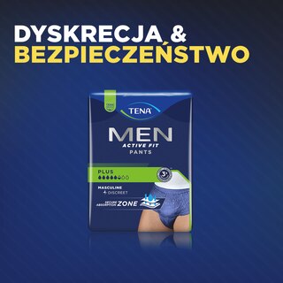 Opakowanie TENA Men z napisem "Masz kontrolę", przedstawiające produkt dla mężczyzn na nietrzymanie moczu.