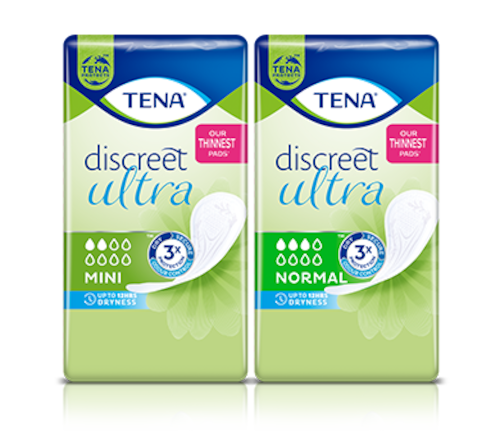 Packs of TENA Discreet Ultra Mini and TENA Discreet Ultra Normal standing next to each other. Packs of TENA Discreet Ultra Mini and TENA Discreet Ultra Normal standing next to each other.