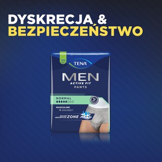 Opakowanie TENA Men Level 2 na granatowym tle z napisem "Masz kontrolę", produkt dla mężczyzn z problemem nietrzymania moczu.