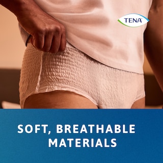 Person wearing the TENA Proskin Pants Night product with the caption "soft, breathable materials" 