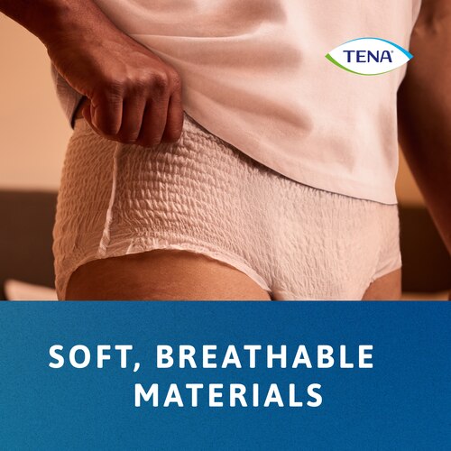 Person wearing the TENA Proskin Pants Night product with the caption "soft, breathable materials" 