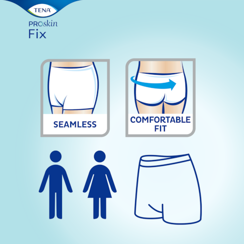 Senza cuciture e confortevoli, le mutandine elastiche TENA Fix sono adatte a entrambi i sessi.