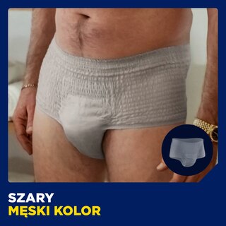 Szare męskie majtki TENA na modelu, podkreślające komfort i dyskrecję.