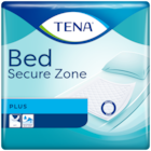Opakowanie TENA Bed Secure Zone Plus z grafiką podkładu ochronnego na łóżko, zapewniającego komfort i ochronę.