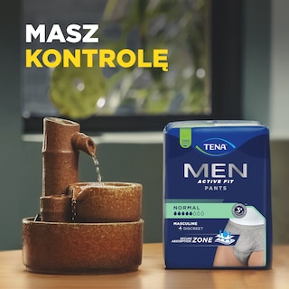 Masz kontrolę z TENA Men Active Fit, dyskretne i ochronne majtki dla mężczyzn, na tle fontanny.