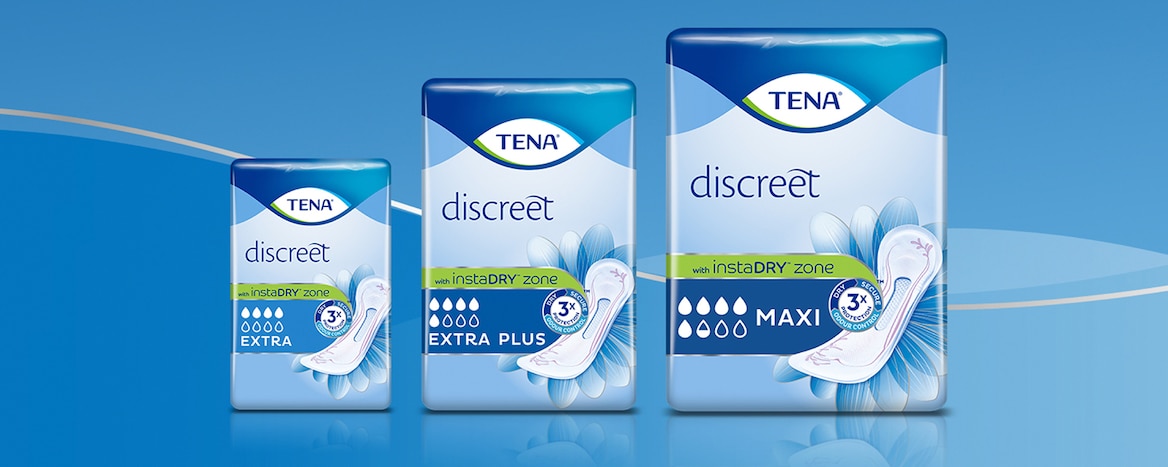 Pakken TENA Discreet Extra, Extra Plus en Maxi