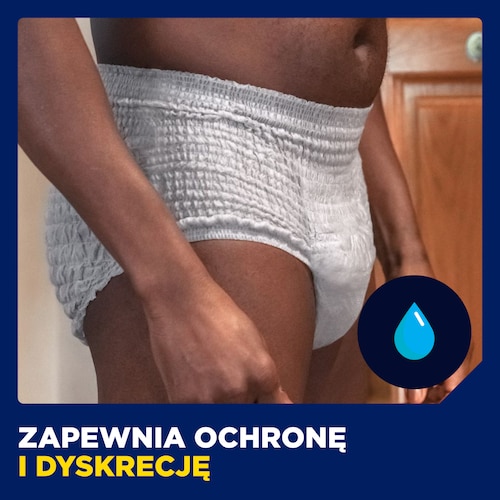 Mężczyzna noszący pieluchomajtki TENA, zapewniające ochronę i komfort.