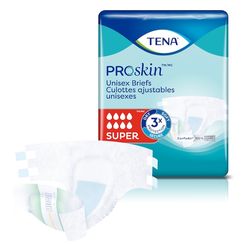 Illustration du produit et de l’emballage des culottes d’incontinence ajustables TENA ProSkin Super