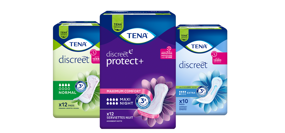 Paquets de produits TENA Discreet Normal, TENA Discreet Extra & TENA Discreet Protect Maxi Night