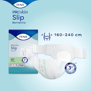 TENA ProSkin Slip Bariatric Super är utformad för kliniskt överviktiga individer med midjemått på 160–240 cm