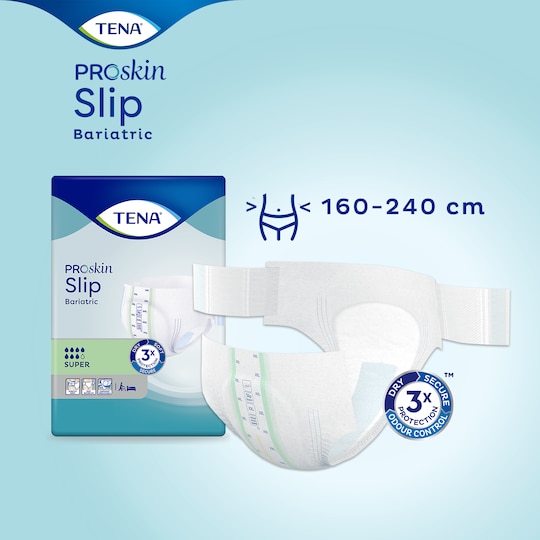 TENA ProSkin Slip Bariatric Super is ontworpen voor mensen met een taillemaat tussen de 160 en 240 cm