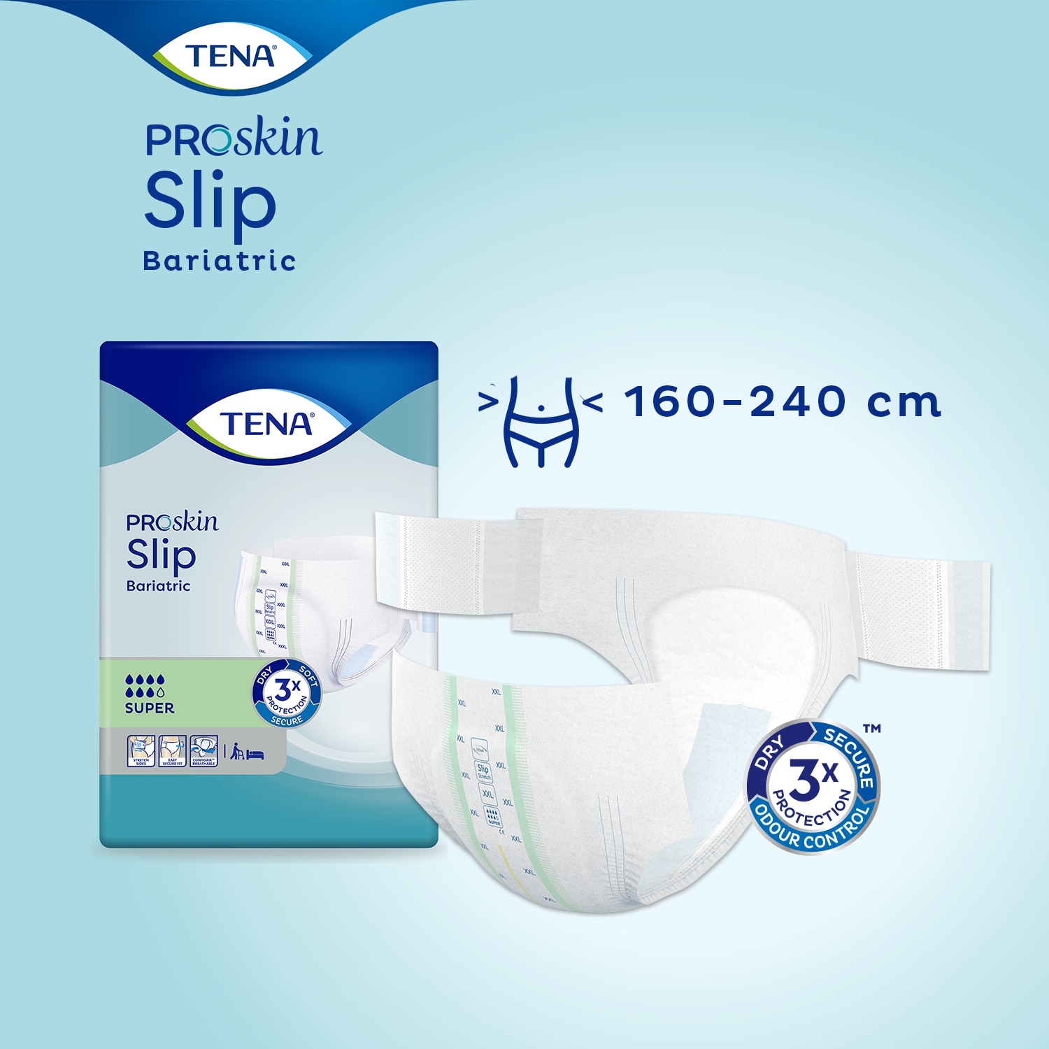 TENA ProSkin Slip Bariatric Super är utformad för kliniskt överviktiga individer med midjemått på 160–240 cm