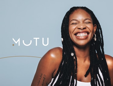 MUTU logo next to smiling woman