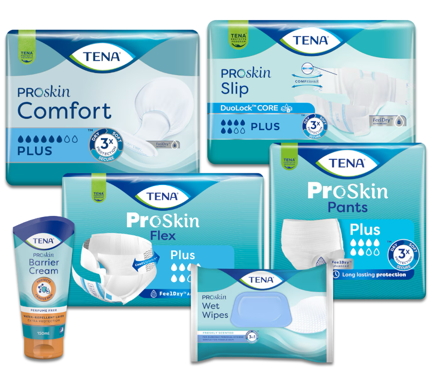 Das TENA ProSkin-Sortiment umfasst TENA absorbierende Produkte, TENA Feuchttücher sowie TENA Barrierecreme und TENA Zinkcreme.