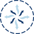 Illustreret ikon med pile, der vender væk fra et punkt i midten