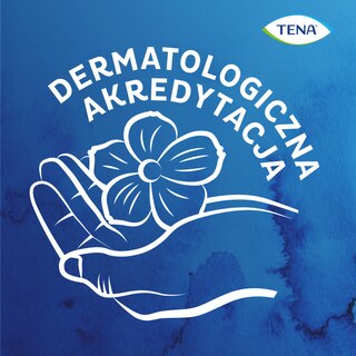 Dłoń trzymająca kwiat z napisem "Dermatologiczna Akredytacja" na niebieskim tle, logo TENA w rogu.
