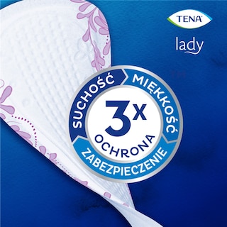 Wkładka higieniczna TENA Lady z potrójną ochroną, białe tło, niebieskie logo, różowe detale.