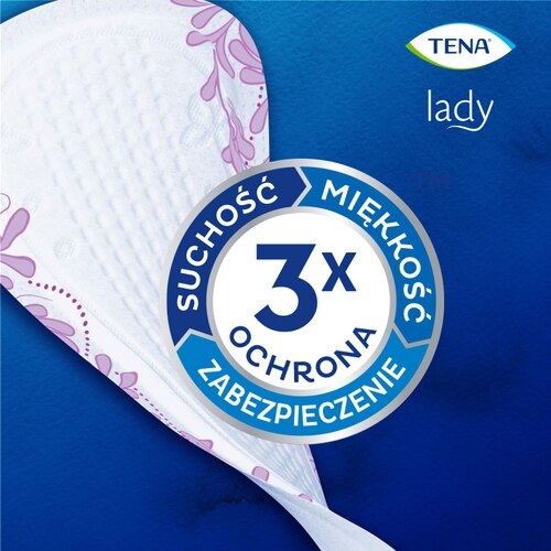 Wkładka higieniczna TENA Lady z potrójną ochroną, białe tło, niebieskie logo, różowe detale.
