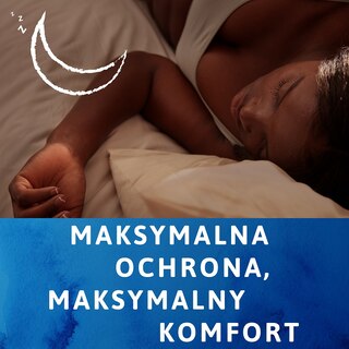 Śpiąca kobieta w białej pościeli, napis "Maksymalna ochrona, maksymalny komfort", TENA.