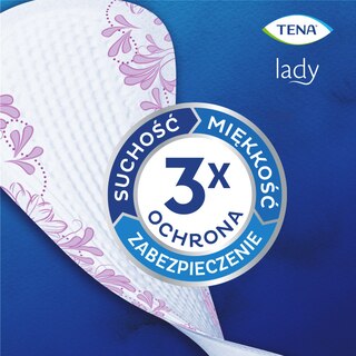 Suchość i miękkość TENA Lady, 3x ochrona, podpaska z fioletowym wzorem na niebieskim tle.