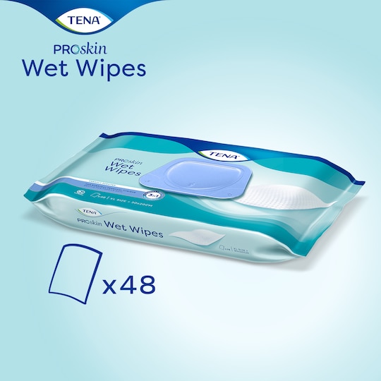 Valmiiksi kostutetut, suurikokoiset TENA ProSkin Wet Wipes Kosteat pyyhkeet, jotka puhdistavat, kosteuttavat ja suojaavat