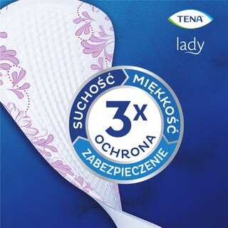 Podpaska TENA Lady z wzorem kwiatowym, oferująca 3x ochronę, suchość i miękkość.
