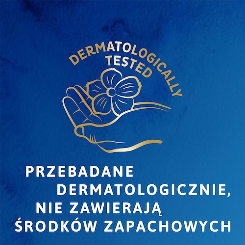 Przebadane dermatologicznie produkty TENA bez środków zapachowych, niebieskie tło z grafiką dłoni i kwiatu.