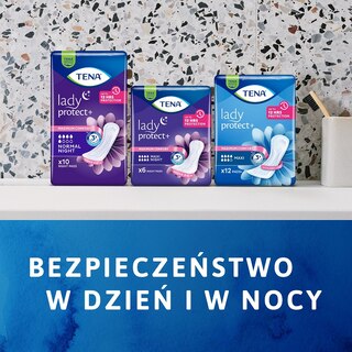 Opakowania produktów TENA na tle kwiatowym z napisem "Bezpieczeństwo w dzień i w nocy".