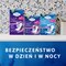Opakowania produktów TENA na tle kwiatowym z napisem "Bezpieczeństwo w dzień i w nocy".