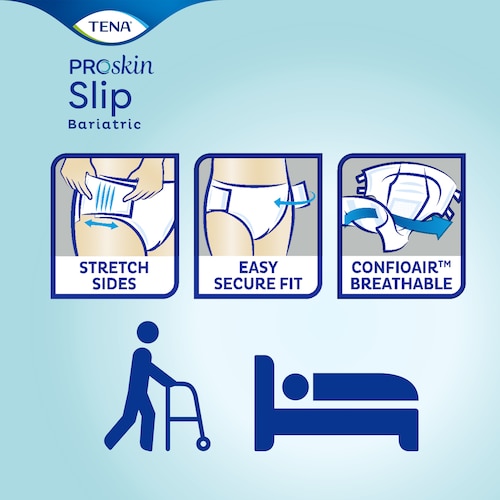 TENA Slip Bariatric — воздухопроницаемые подгузники для взрослых с эластичными вставками по бокам удобны в применении и надежно защищают от протеканий