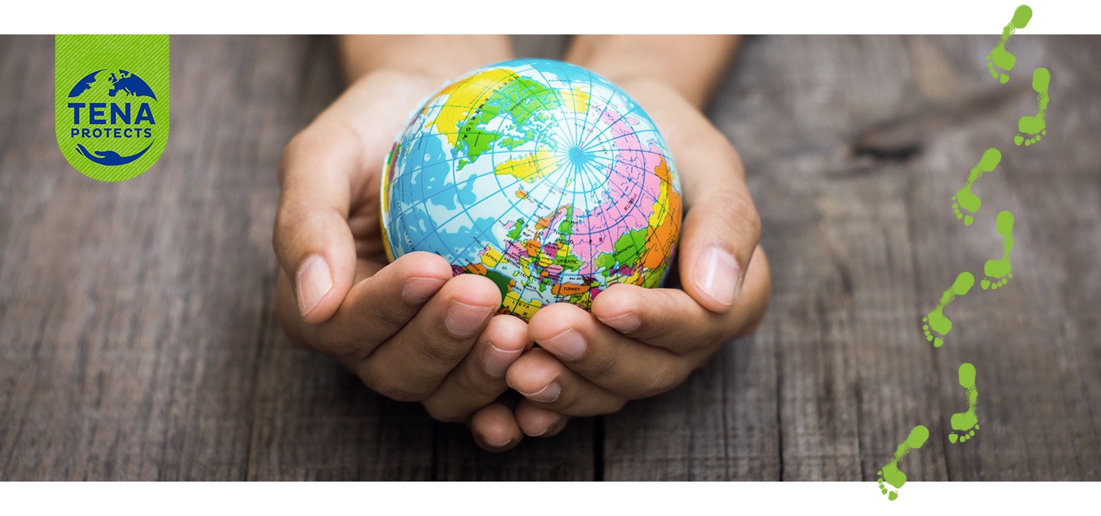 Two hands, resting on a wood table, are gently cupping a small colorful globe showing the northern hemisphere.