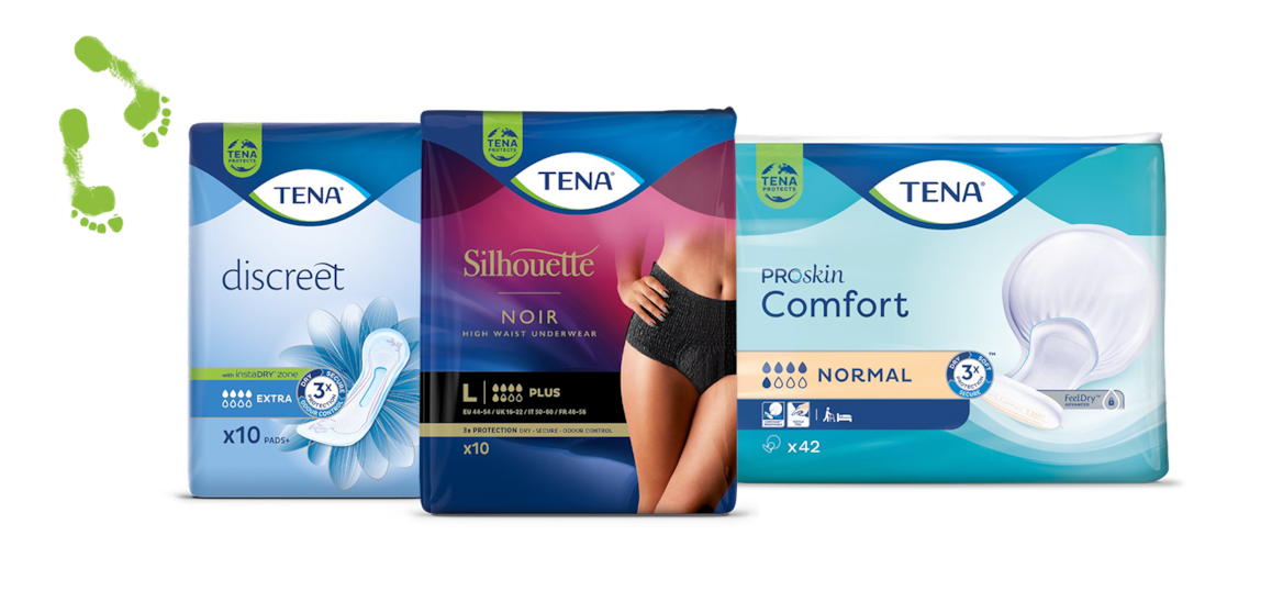 Product packages of TENA Discreet Extra, TENA Silhouette Noir, and TENA ProSkin Comfort 
