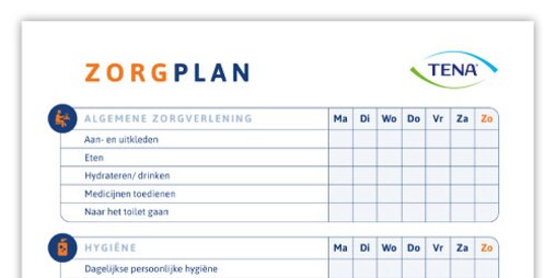 Afbeelding van de TENA Mantelzorg voorbeeld Zorgplan