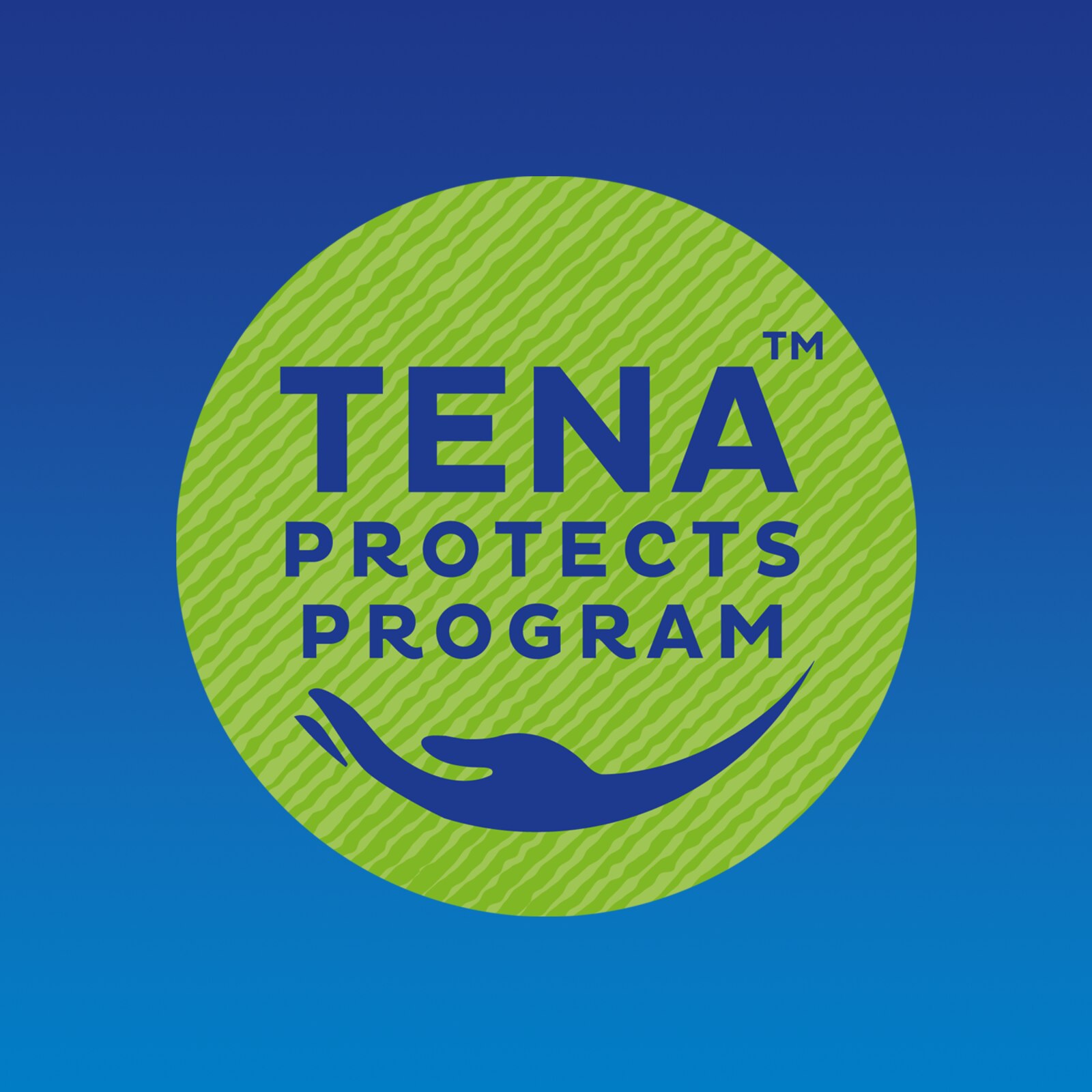 Ein aus einer grünen Scheibe bestehendes Logo, in dem ein Handsymbol die Worte „TENA Protects-Programm“ stützt