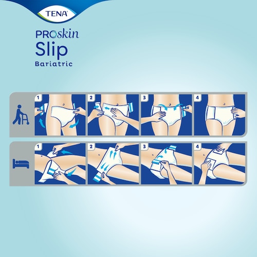 TENA ProSkin Slip Bariatric bleie for voksne kan tas på når brukeren står eller ligger