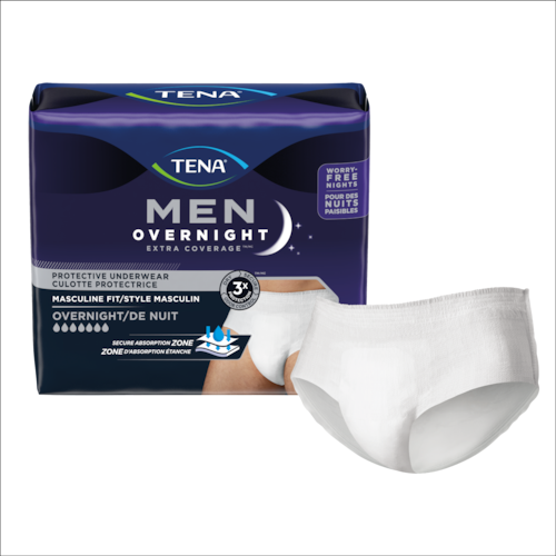 Pack and product illustration  for TENA Men Extra Coverage Overnight Underwear