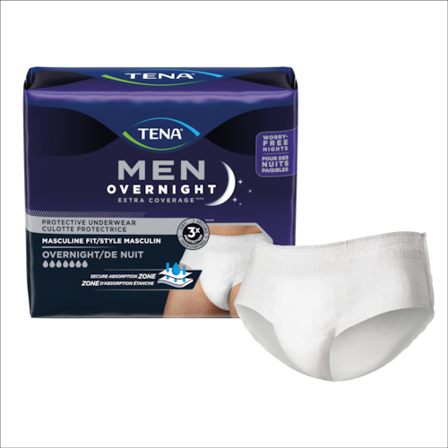 Illustration du produit et de l’emballage pour la culotte de nuit TENA Men Overnight Extra Coverage<sup>MC</sup>