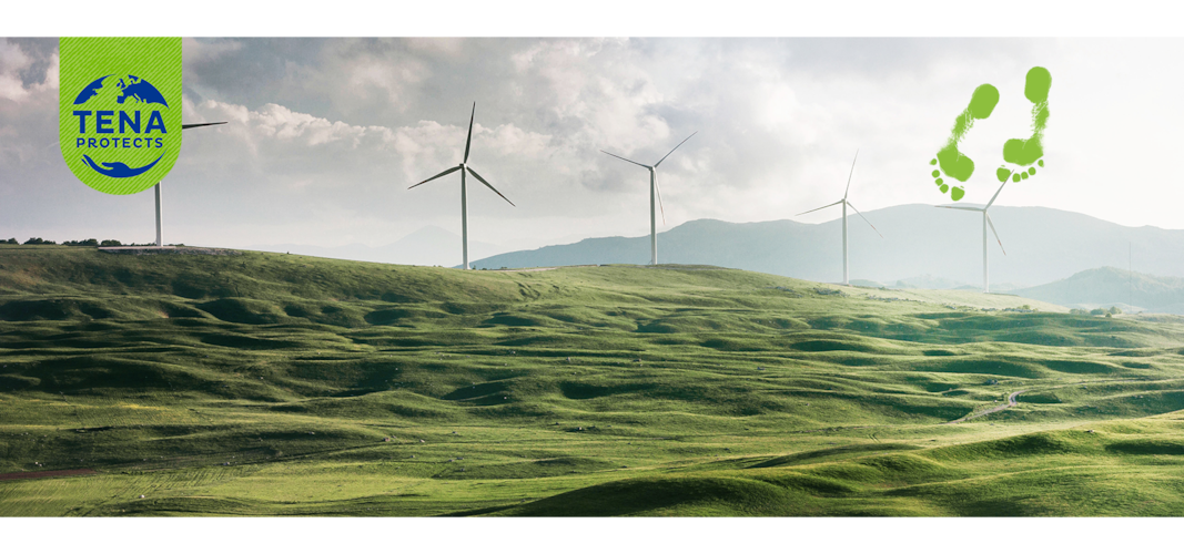 Five windmills on the crest of a green hill, with clouds and sunlight, and mountains in the distance. 