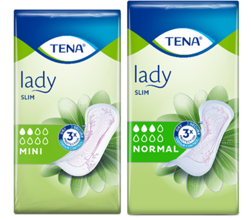 Balíčky vzorků vložek TENA Lady Slim Mini a TENA Lady Slim Normal vedle sebe.